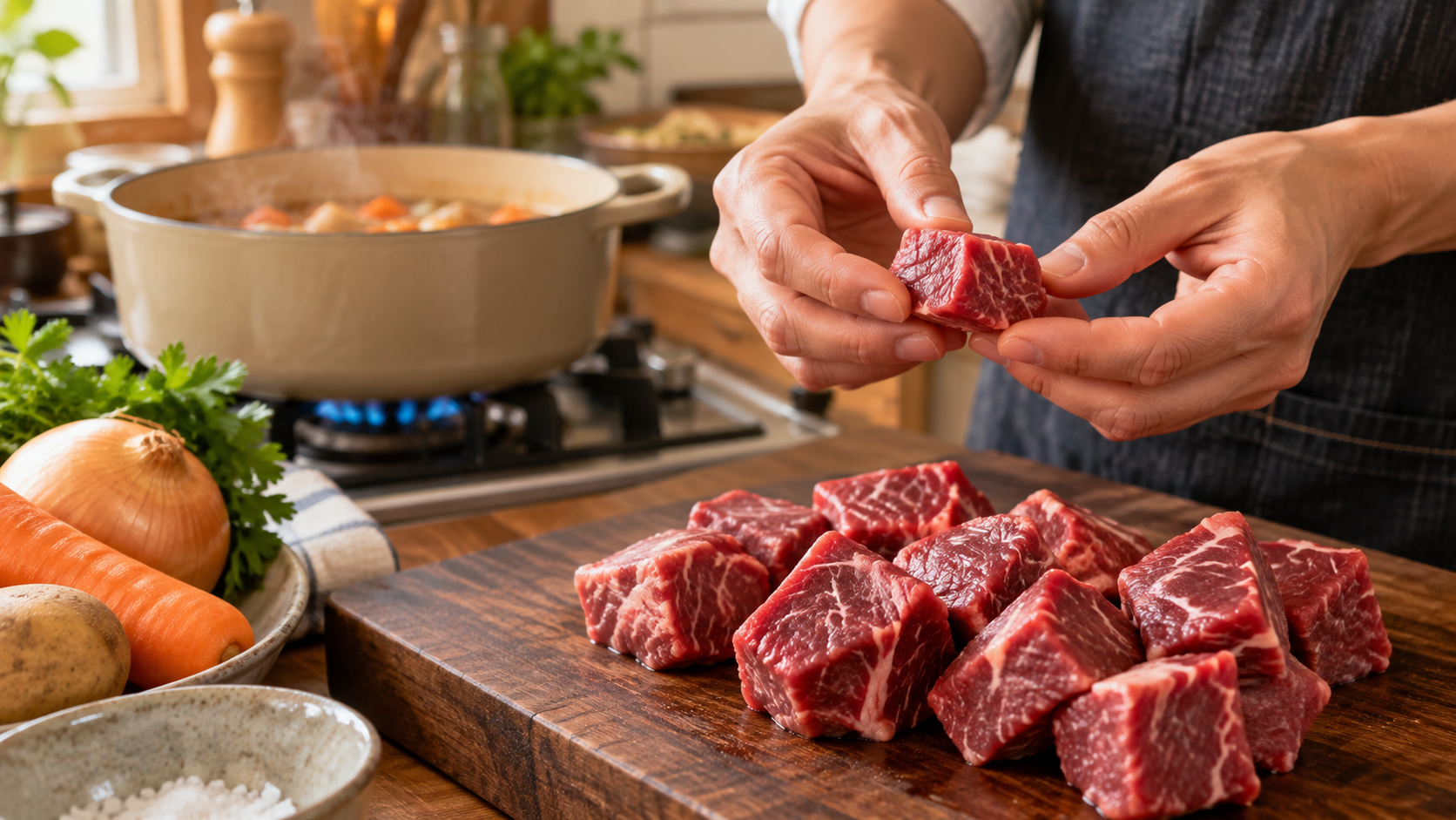 カレー用牛肉を確認する様子