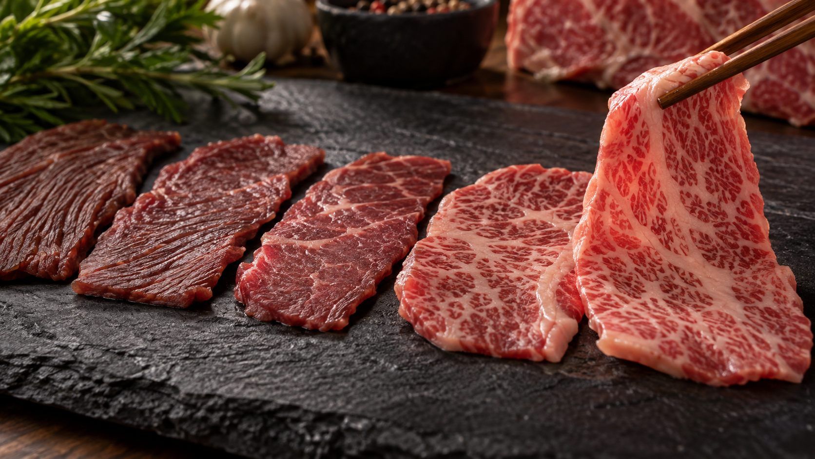 柔らかさの異なる牛肉を見比べる様子