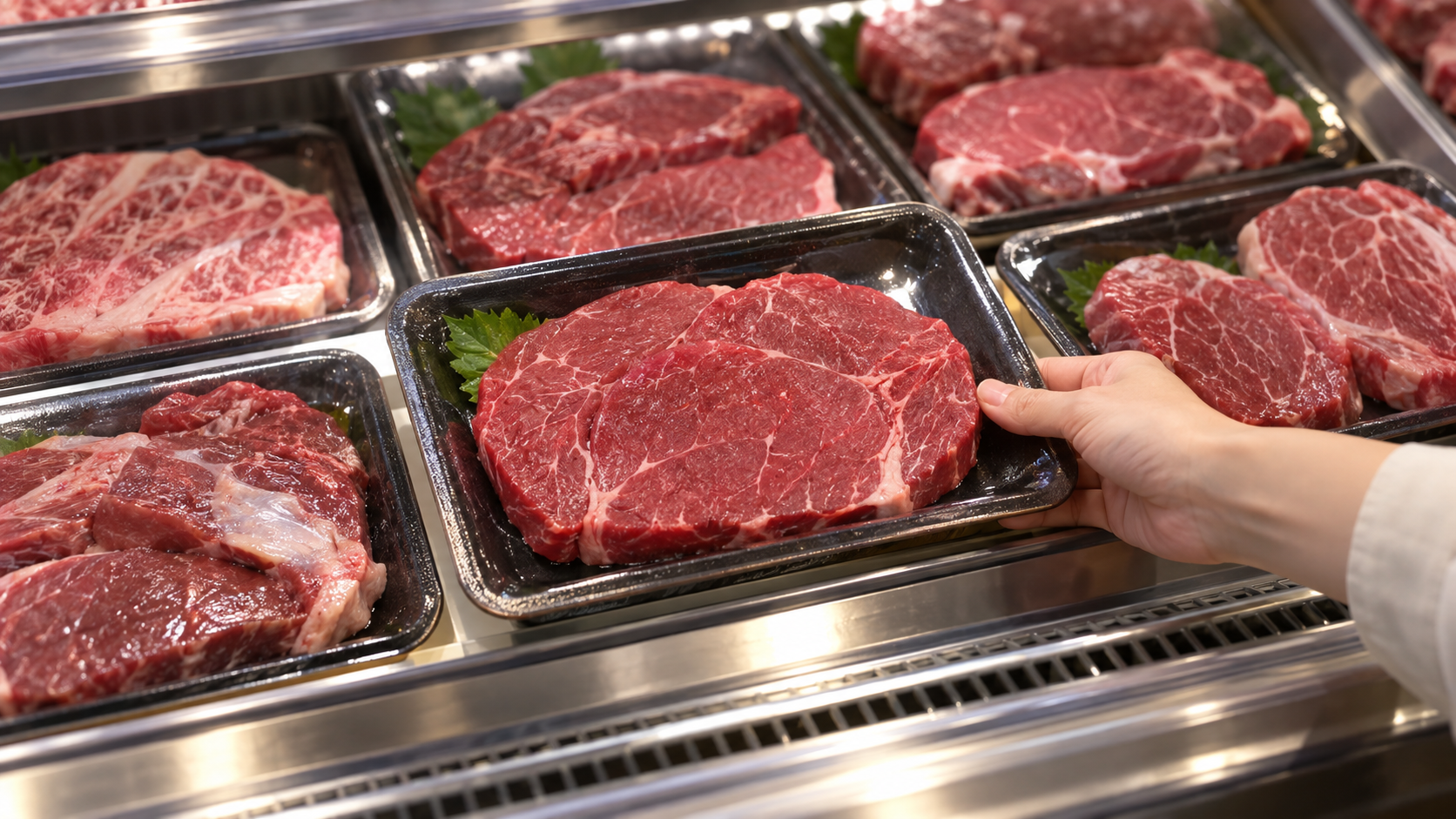 スーパーで牛ももステーキ肉を選ぶ様子