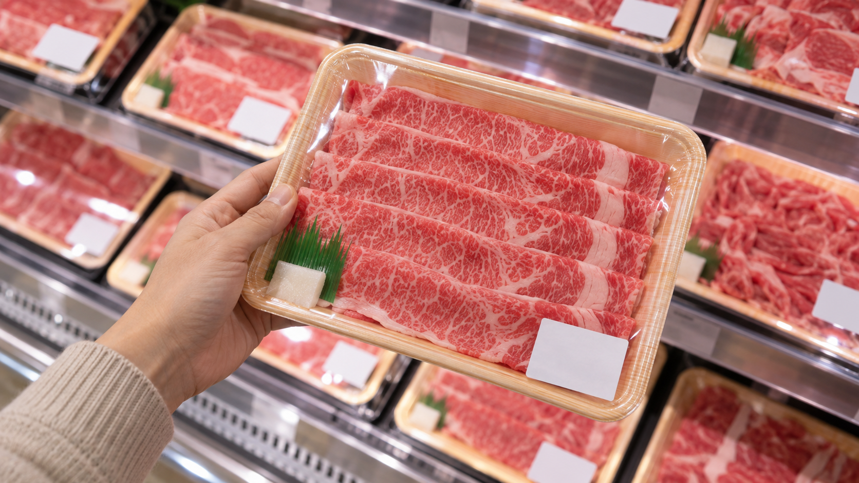 スーパーで柔らかい当たりパックを選ぶ様子