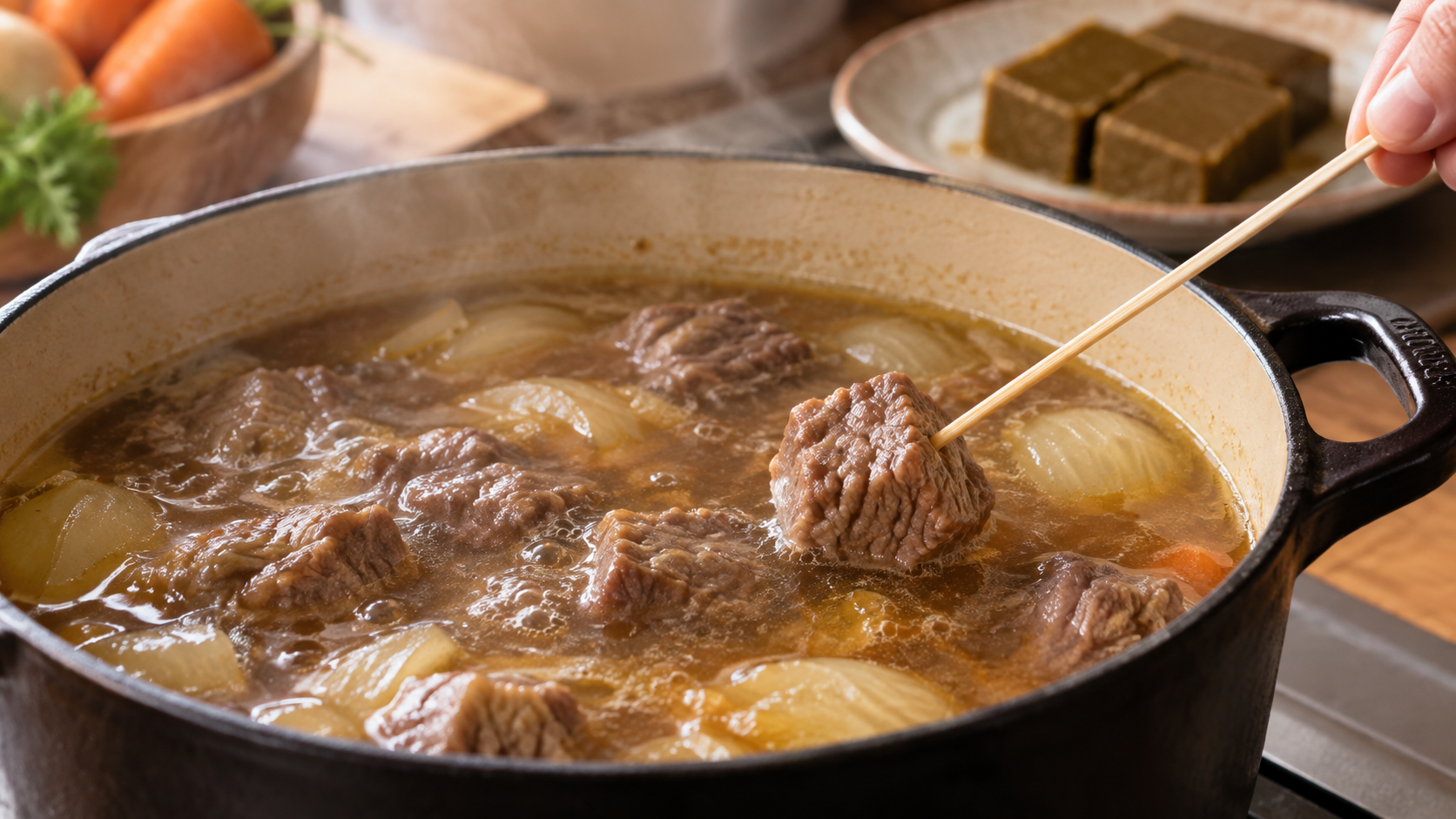 ルーを入れる前に牛肉を弱火で煮る工程