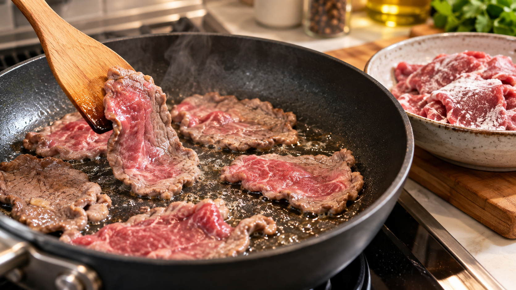 薄切り牛肉を固くしないフライパン調理