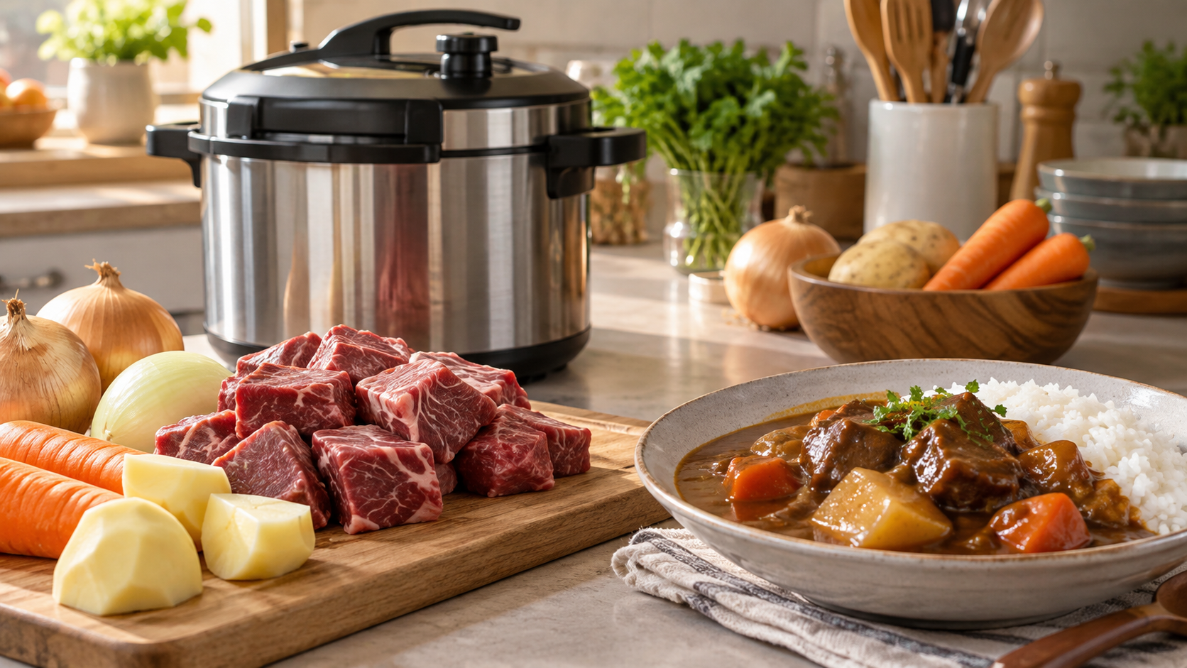 圧力鍋を使ったカレー用牛肉の時短調理