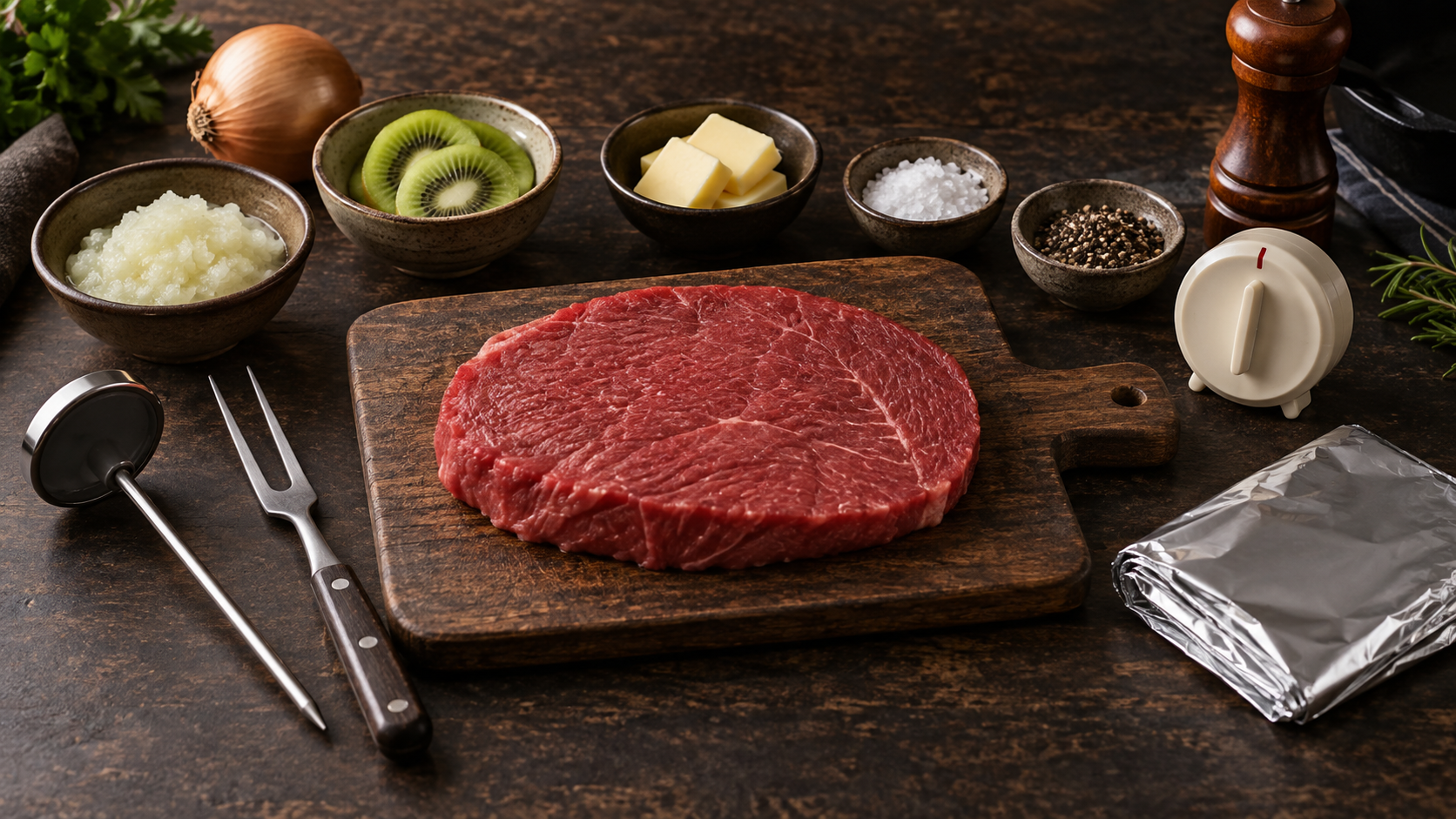 牛ももステーキに関するよくある疑問を表す食材と調理器具