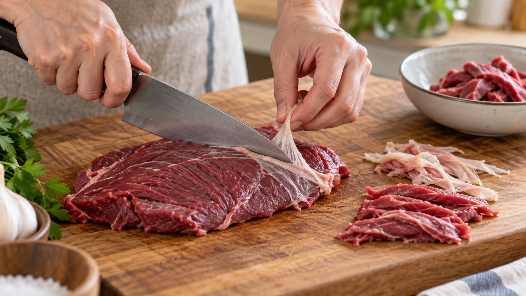 固そうな牛肉の筋を切る下処理