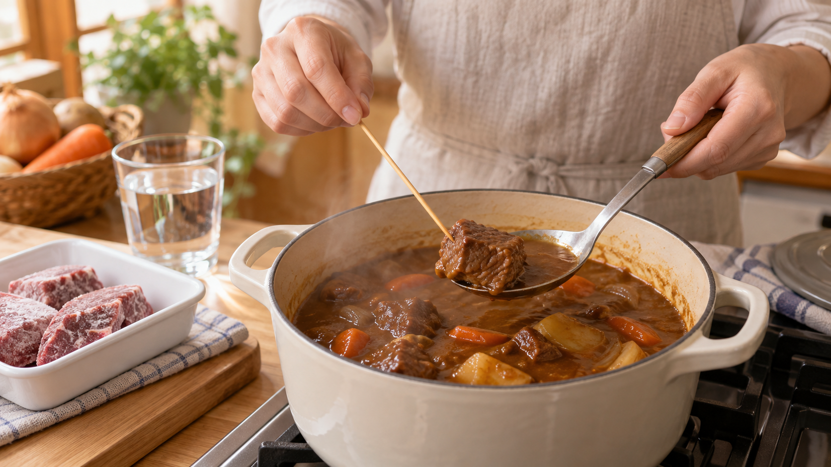 カレー用牛肉の柔らかさを竹串で確認する様子