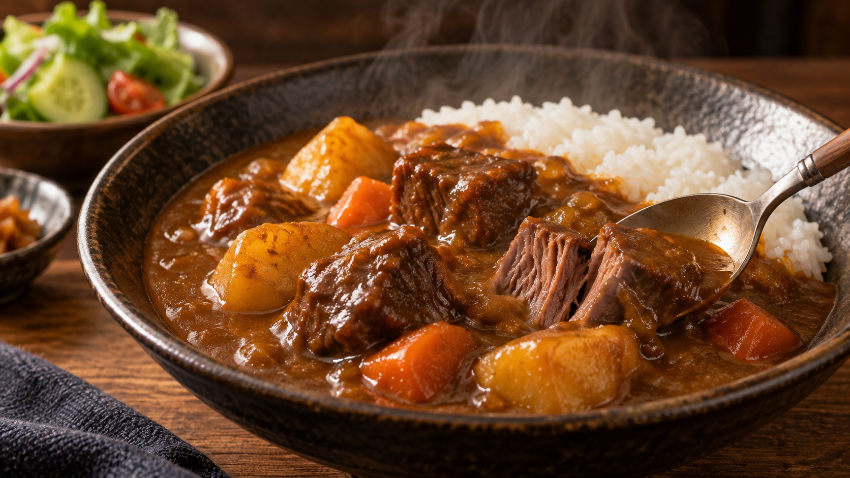 柔らかい牛肉が入った完成したカレー