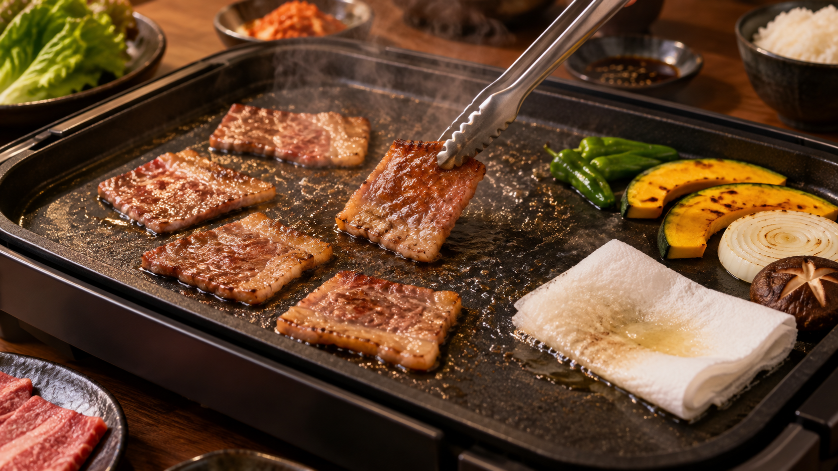 ホットプレートにカルビを間隔を空けて並べて焼く様子