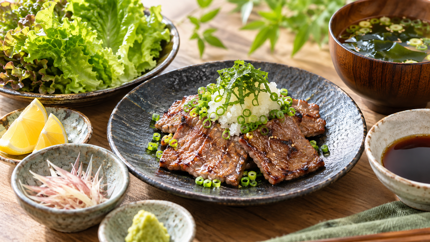大根おろしや薬味と一緒に味わうカルビ