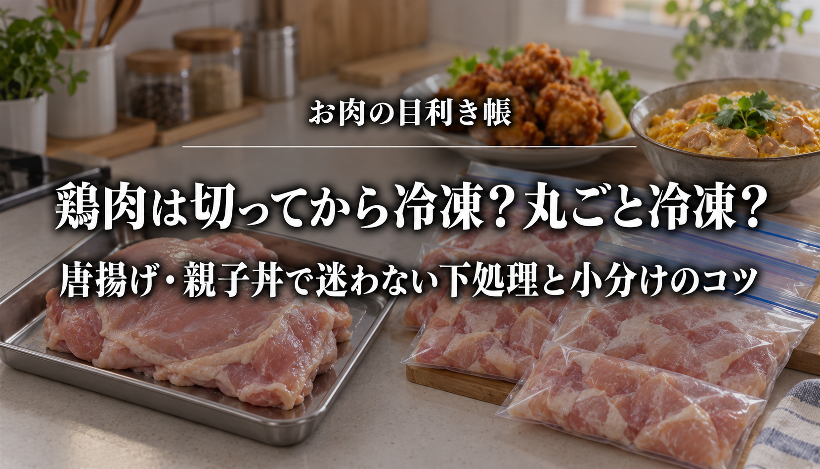 鶏肉を切ってから冷凍する方法と一枚で保存する方法、唐揚げ・親子丼の下処理を紹介するアイキャッチ