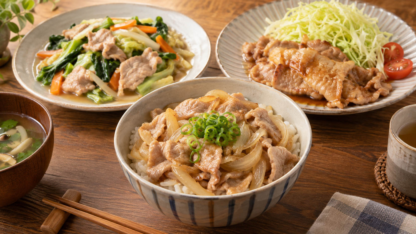 豚丼と生姜焼き、豚肉のあんかけを並べた食卓