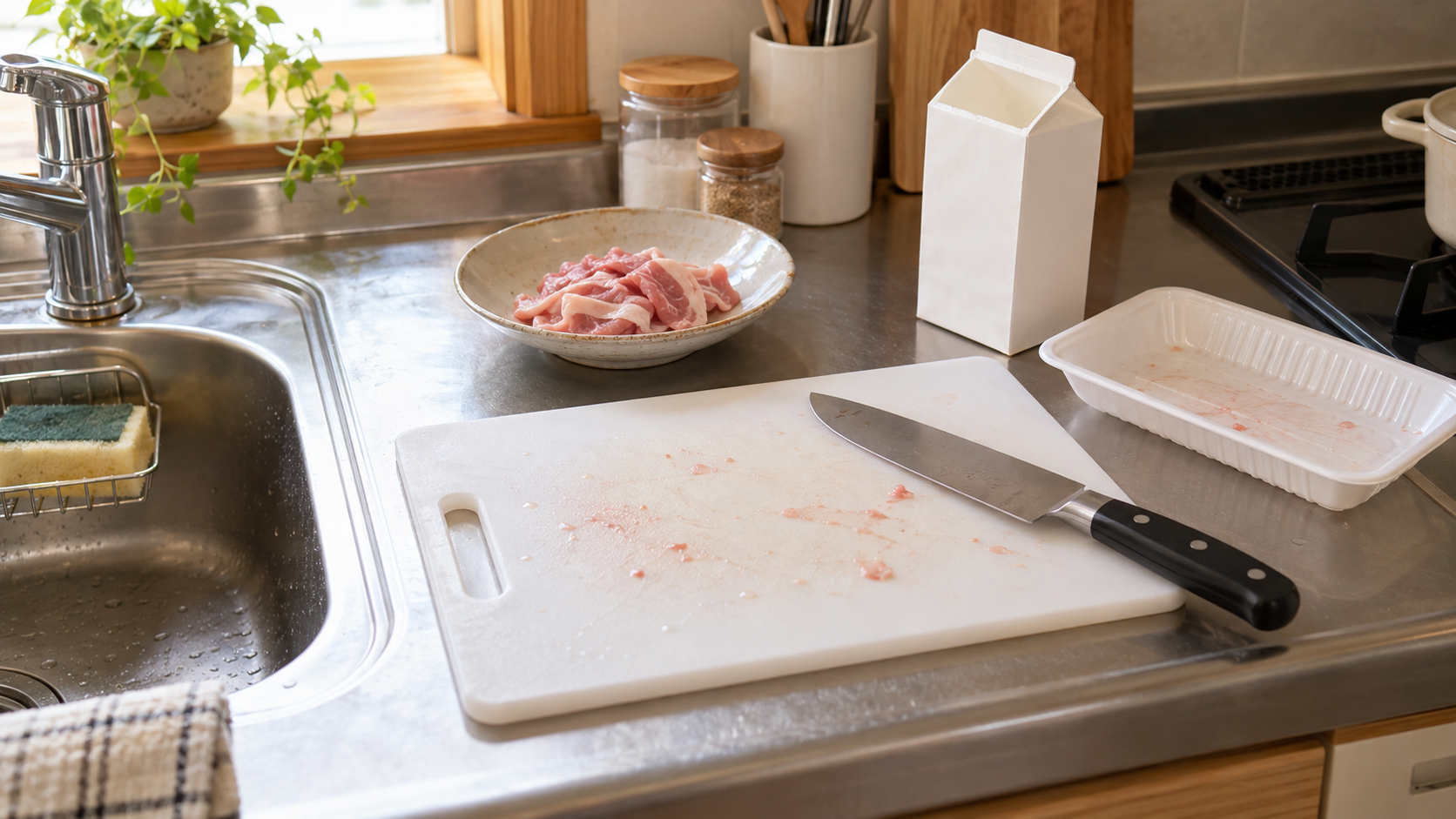 肉を切った後のまな板と包丁を、台所のシンクのそばで片付ける場面