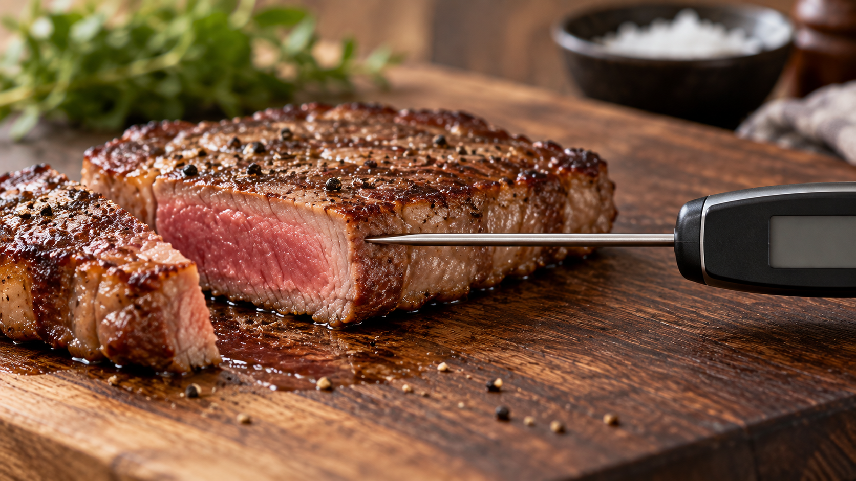 薄いステーキの側面中央へ肉用温度計を横から刺した様子