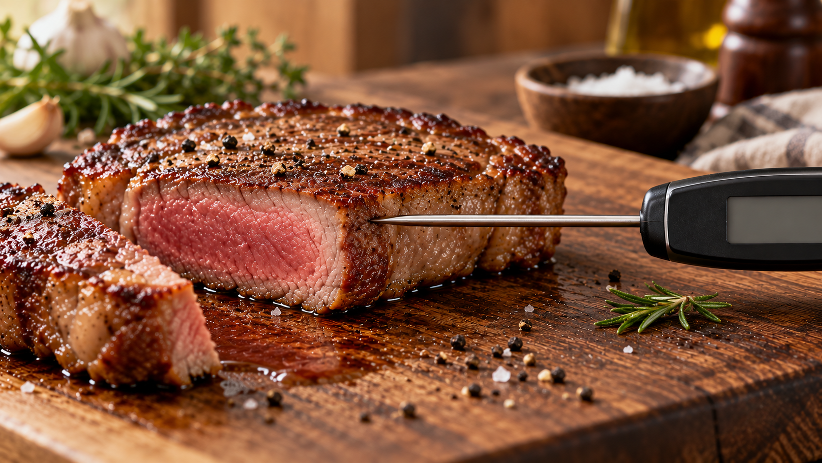 肉用温度計でステーキの中心温度を測る様子