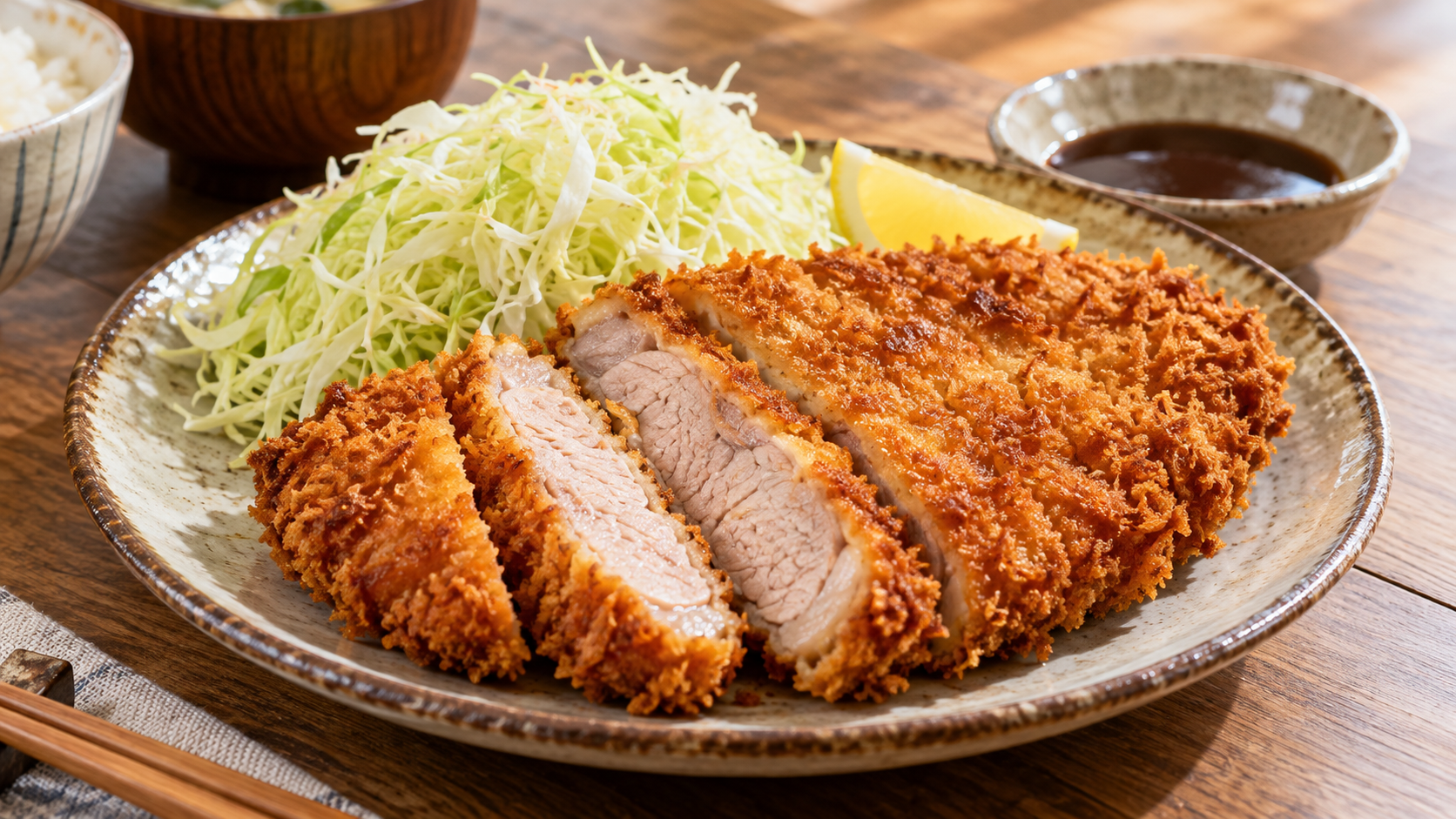 肩ロースで作ったとんかつとキャベツを盛り付けた食卓