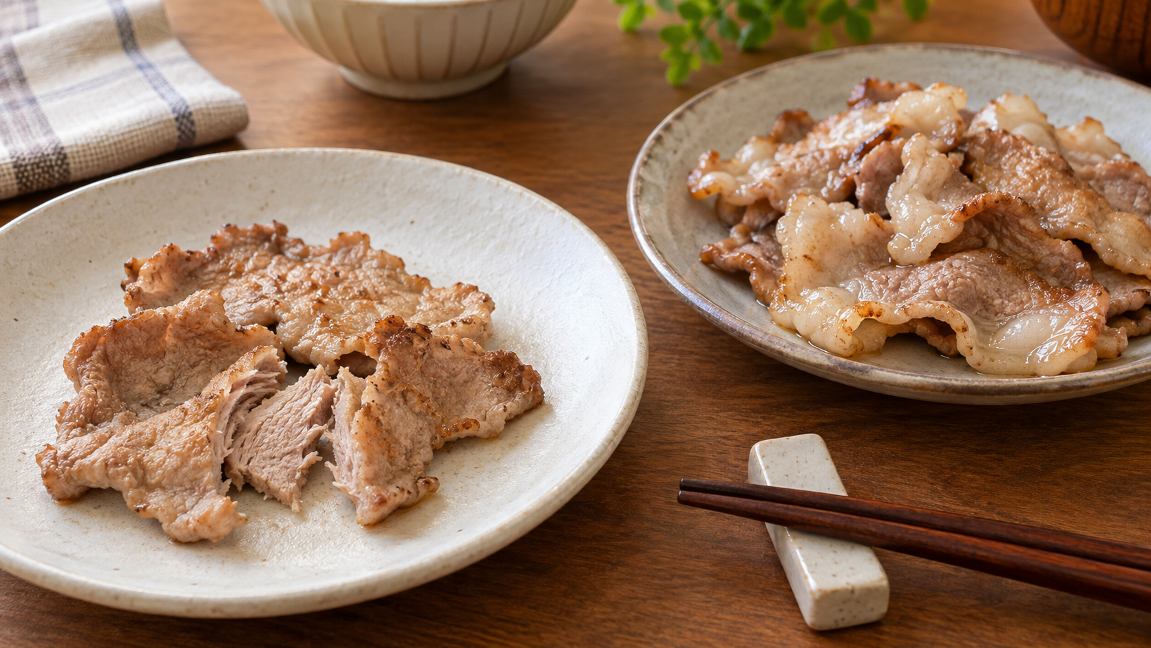 赤身と脂の違いによる食感を比較する加熱済みの豚肉