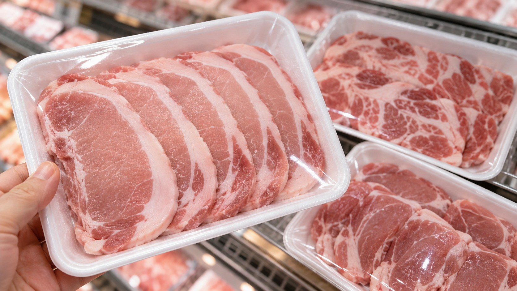 スーパーの売場で豚ロースのパックを確認する様子