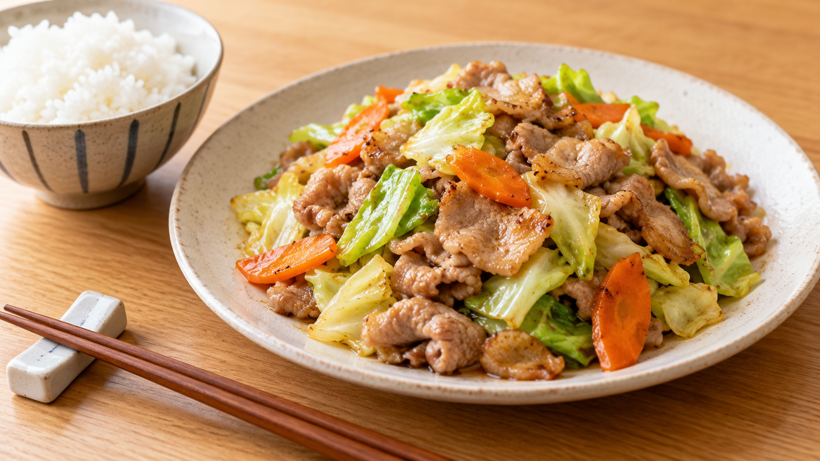 食べやすい大きさの豚こま肉とキャベツの炒め物