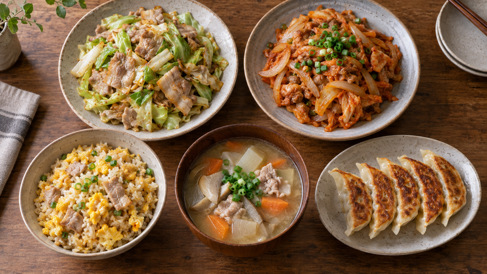 豚バラを使った野菜炒め・豚キムチ・豚汁・チャーハン・餃子
