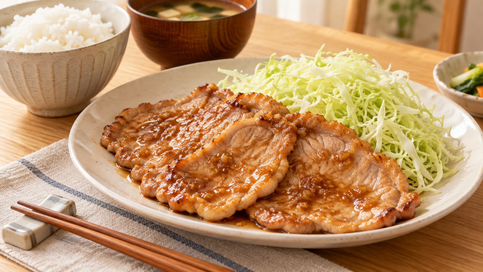 形を整えて焼いた豚ロースの生姜焼きとキャベツの盛り付け