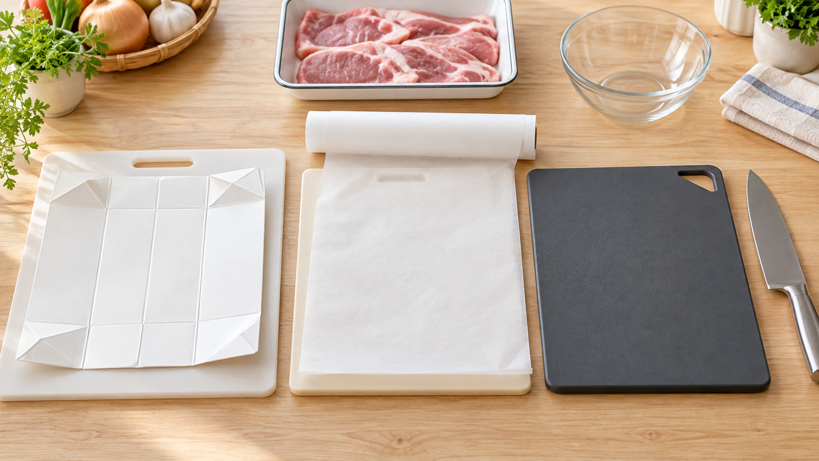 牛乳パック、専用シート、まな板を料理に合わせて選ぶイメージ