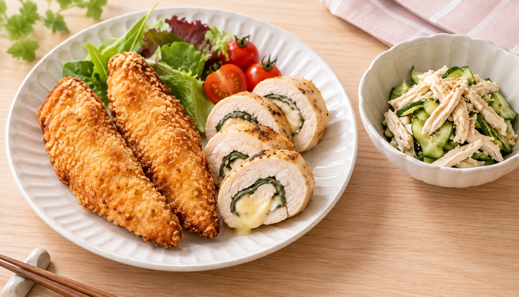 ささみフライ、チーズと大葉の巻き料理、ほぐしたささみのサラダ