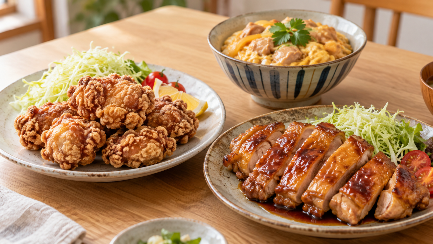 唐揚げ、照り焼き、親子丼を並べた家庭の鶏肉料理