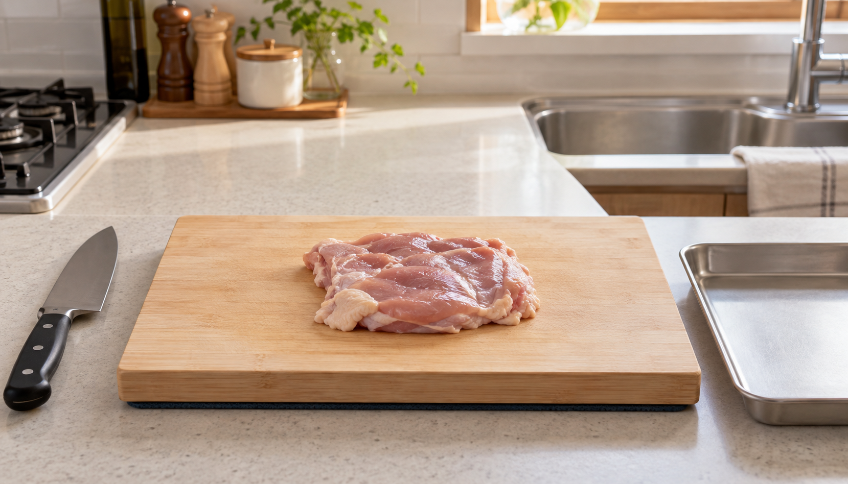 滑り止めマットの上へ安定して置いたまな板と鶏肉、受け皿