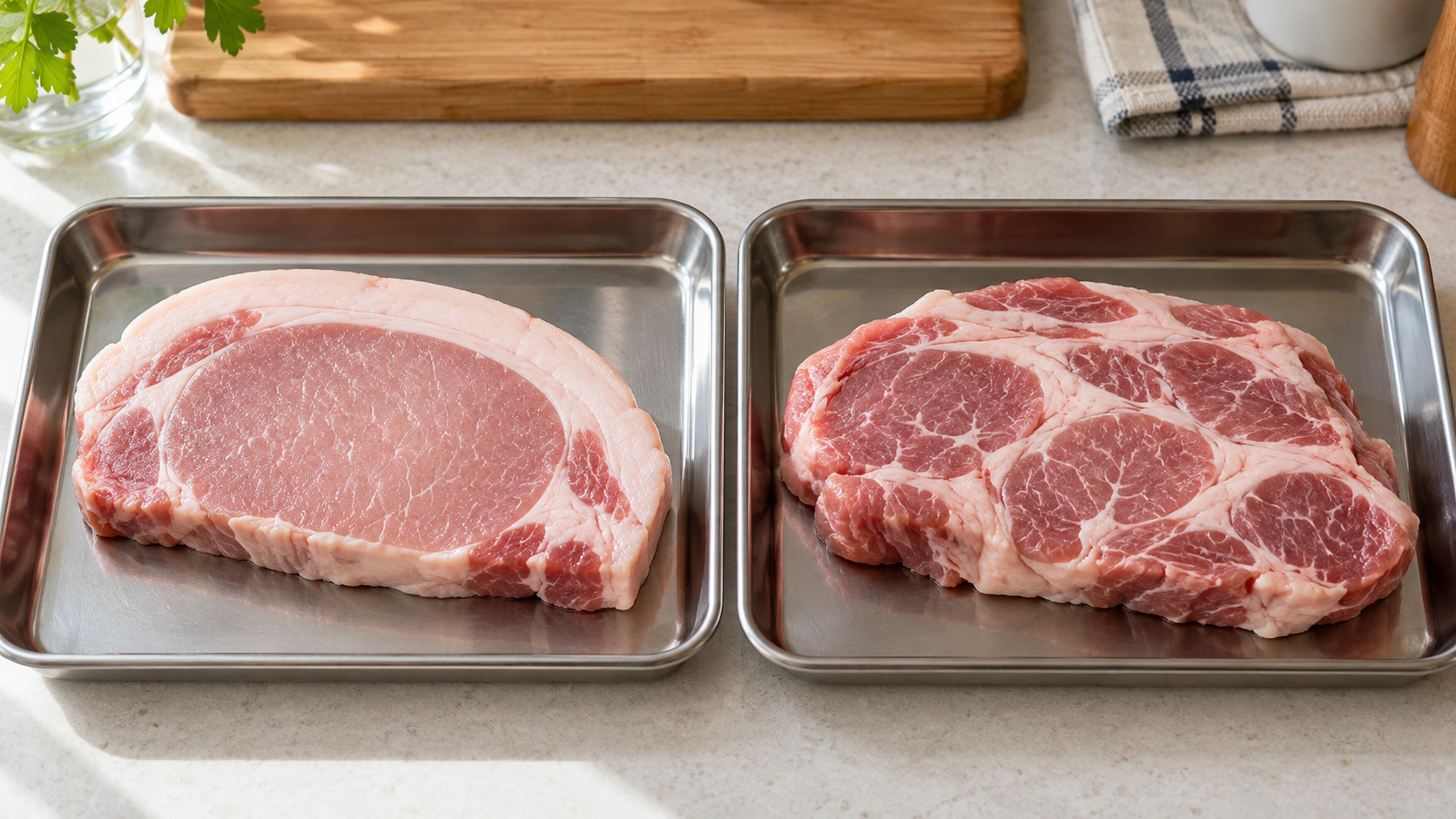 ロースと肩ロースの断面と脂の入り方を並べて比較した豚肉