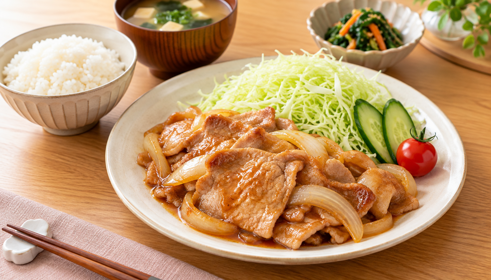 十分に加熱した豚の生姜焼きと千切りキャベツを盛り付けた夕食