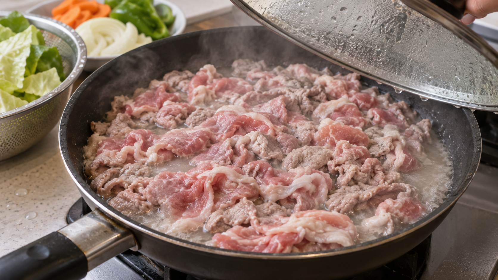 肉を詰め込みすぎたフライパンに水分がたまる様子