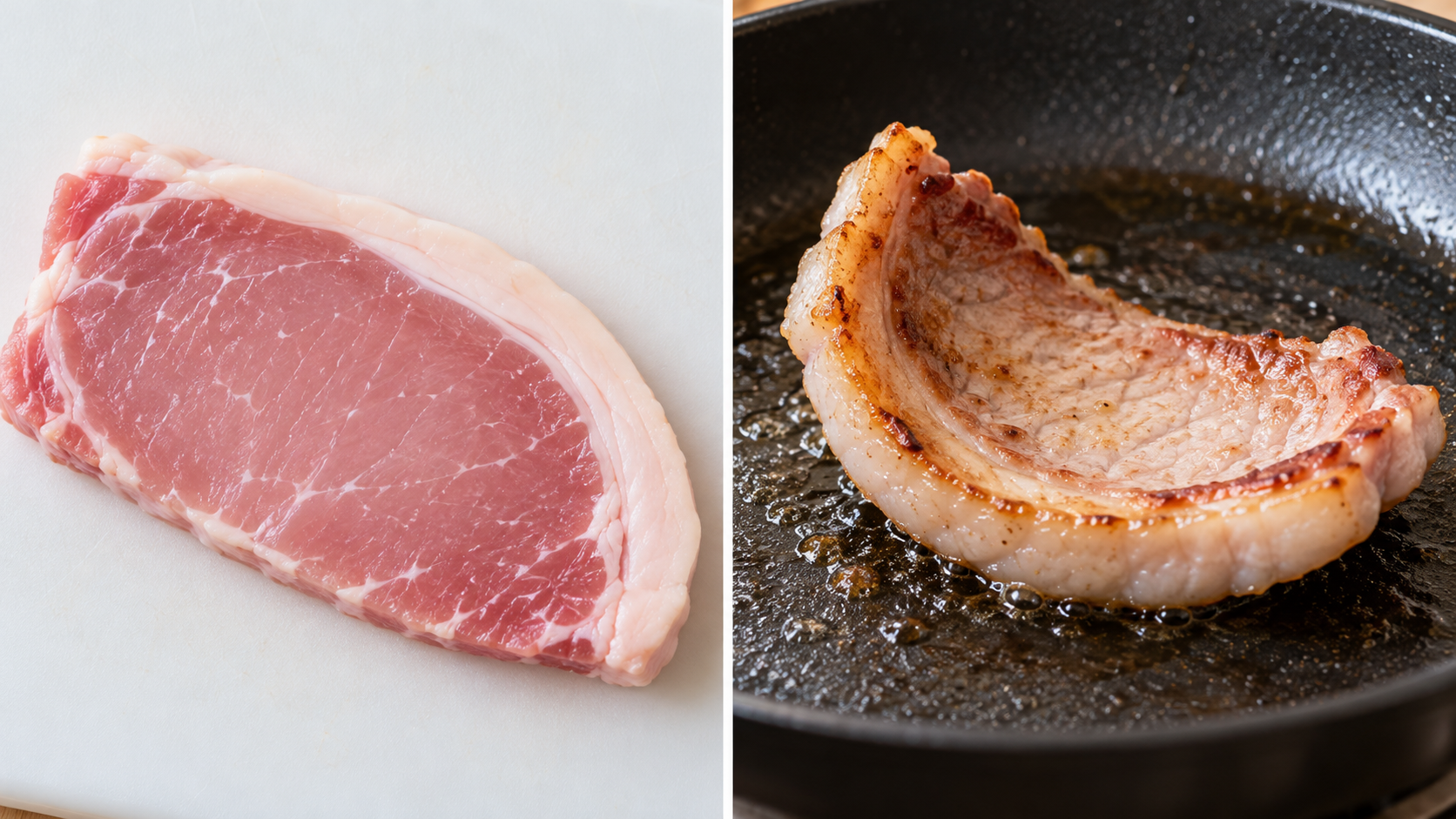生の豚ロースの赤身と脂身の境目と、加熱して反り返った肉の比較イメージ