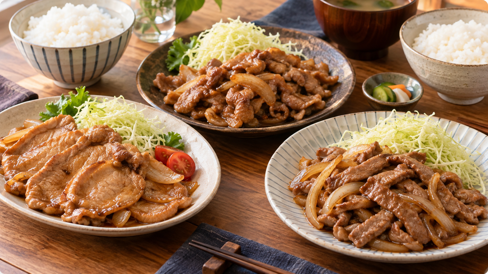 部位や切り方で仕上がりが異なる三皿の生姜焼き