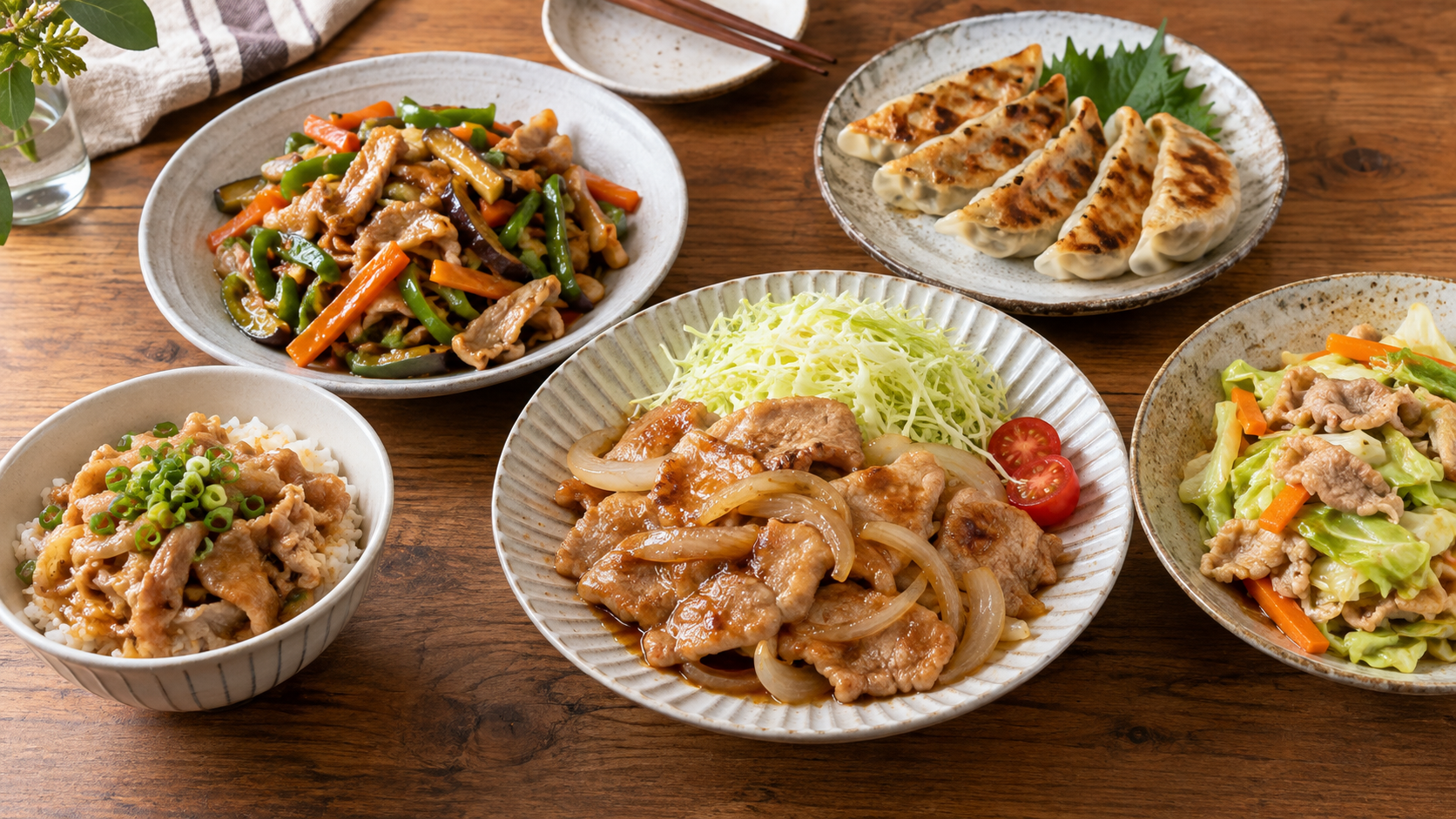 豚もも切り落としを使う豚丼、生姜焼き、あんかけ、野菜炒め、餃子
