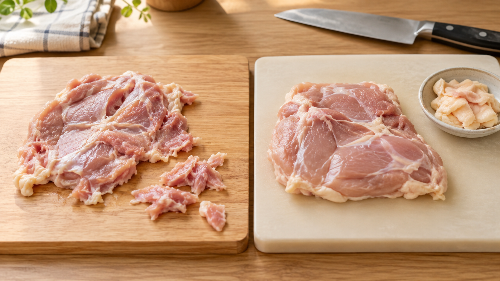 身まで削った鶏もも肉と、目立つ脂を整えて身を残した鶏もも肉の比較