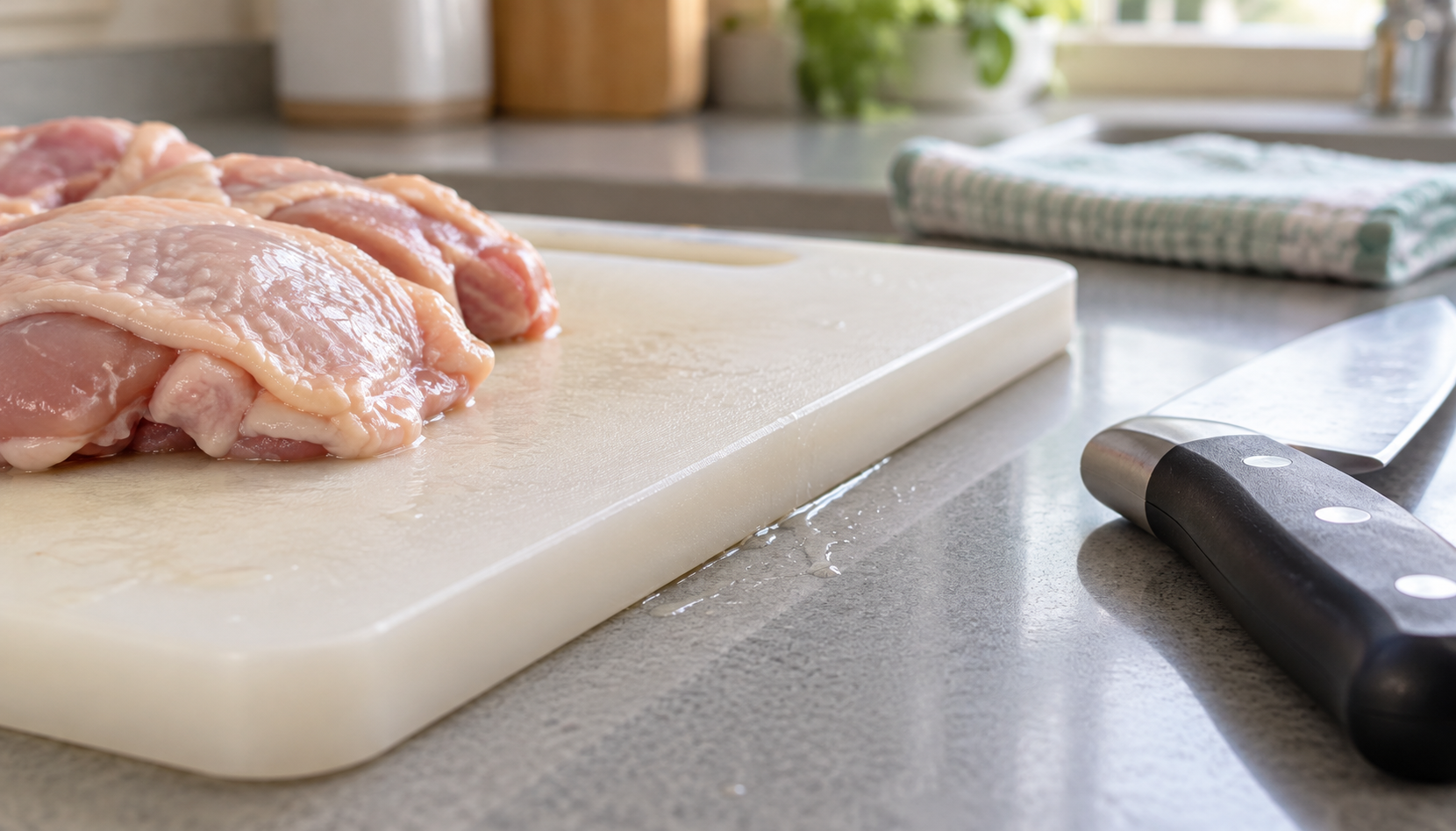 生肉を扱ったまな板の側面と、包丁の持ち手や調理台との接触を示すイメージ
