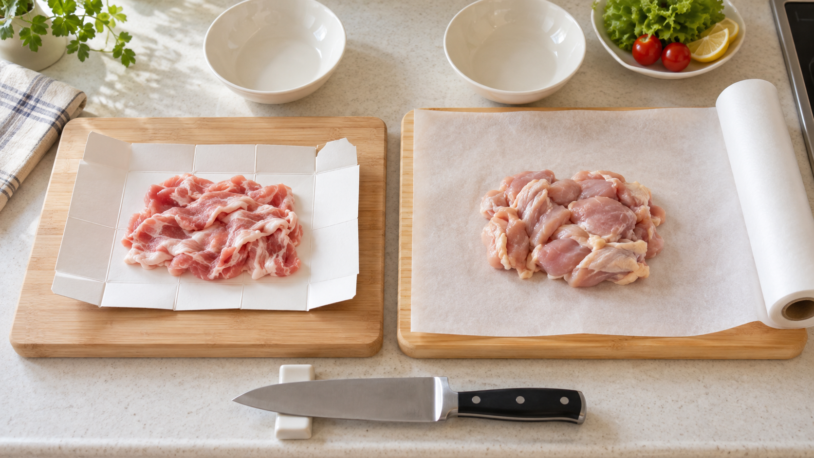 まな板に重ねた牛乳パックと専用シートで肉を扱う比較イメージ