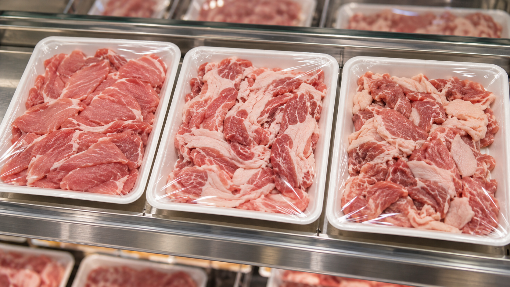 脂や厚みや形を比べる売場の豚こまパック