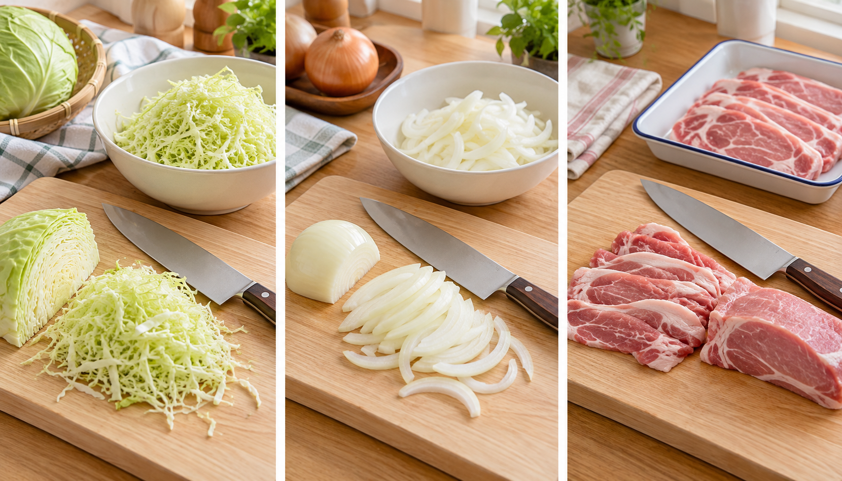 洗った生食用野菜、加熱用の玉ねぎ、生肉の順で進める下処理を表した3場面のイメージ