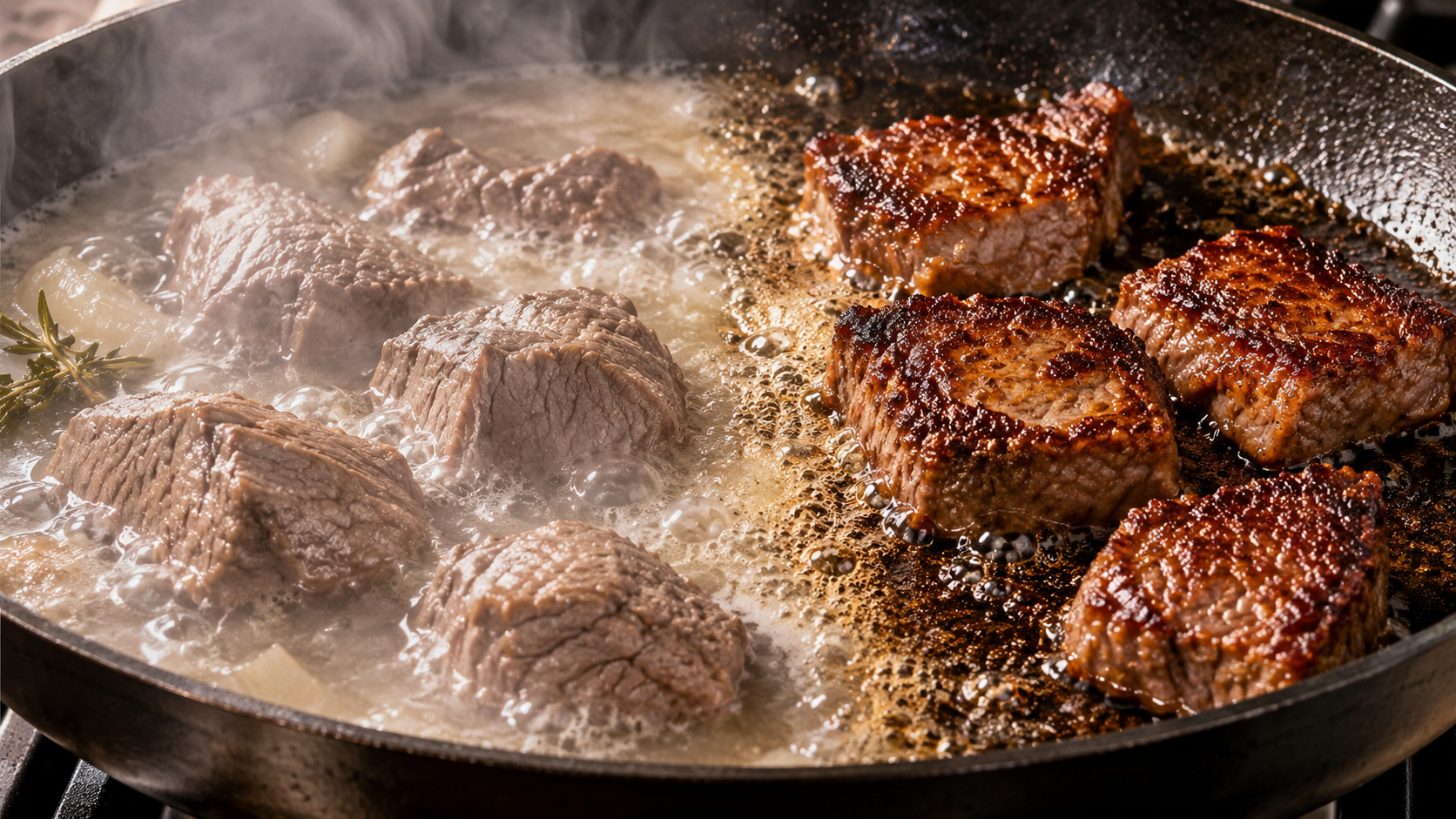 水分で煮えた肉と香ばしく焼けた肉の違い