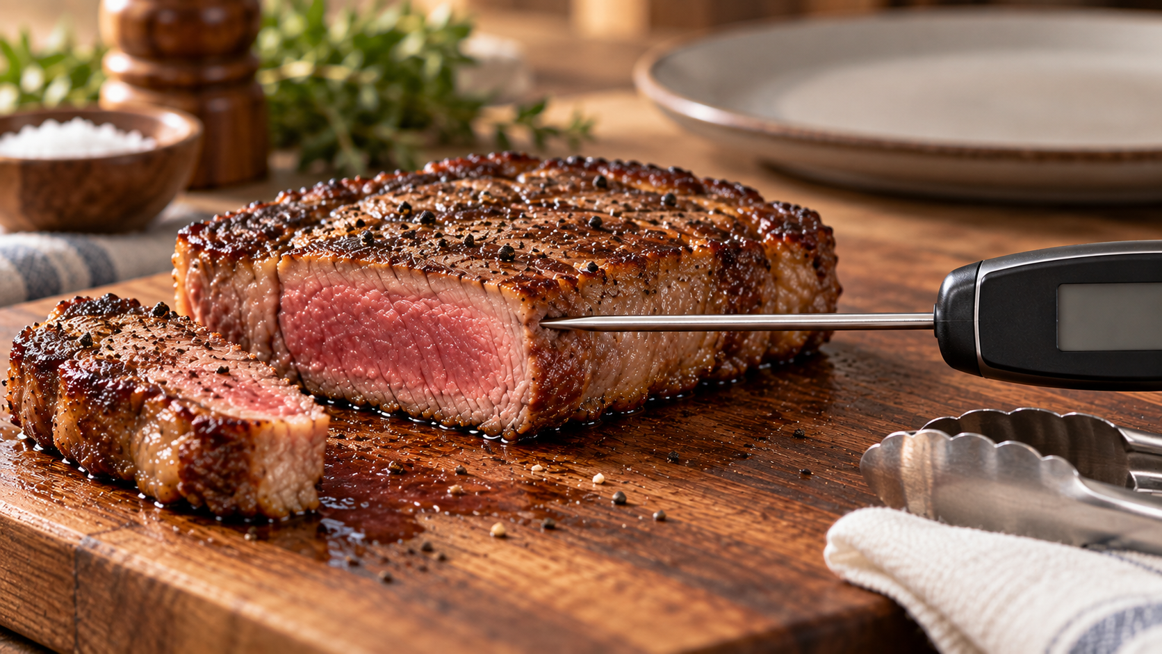 ステーキの最も厚い場所へ肉用温度計を横から刺す様子