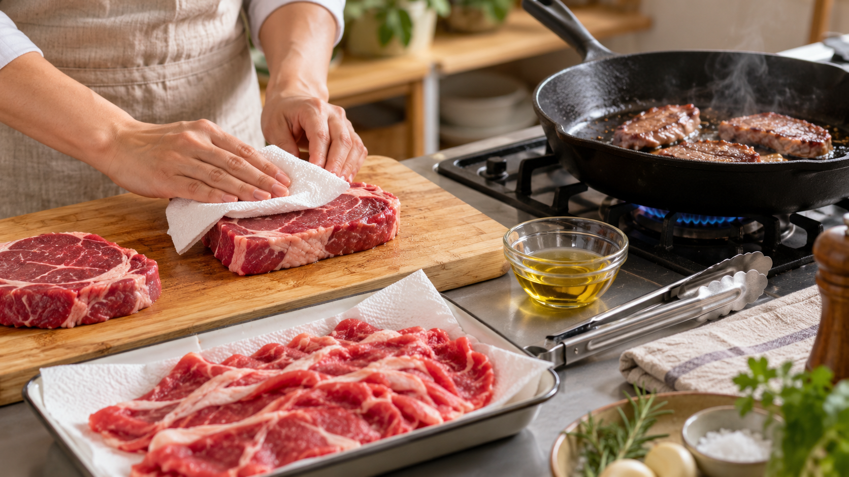 肉の水分を拭いて適量ずつフライパンで焼く準備