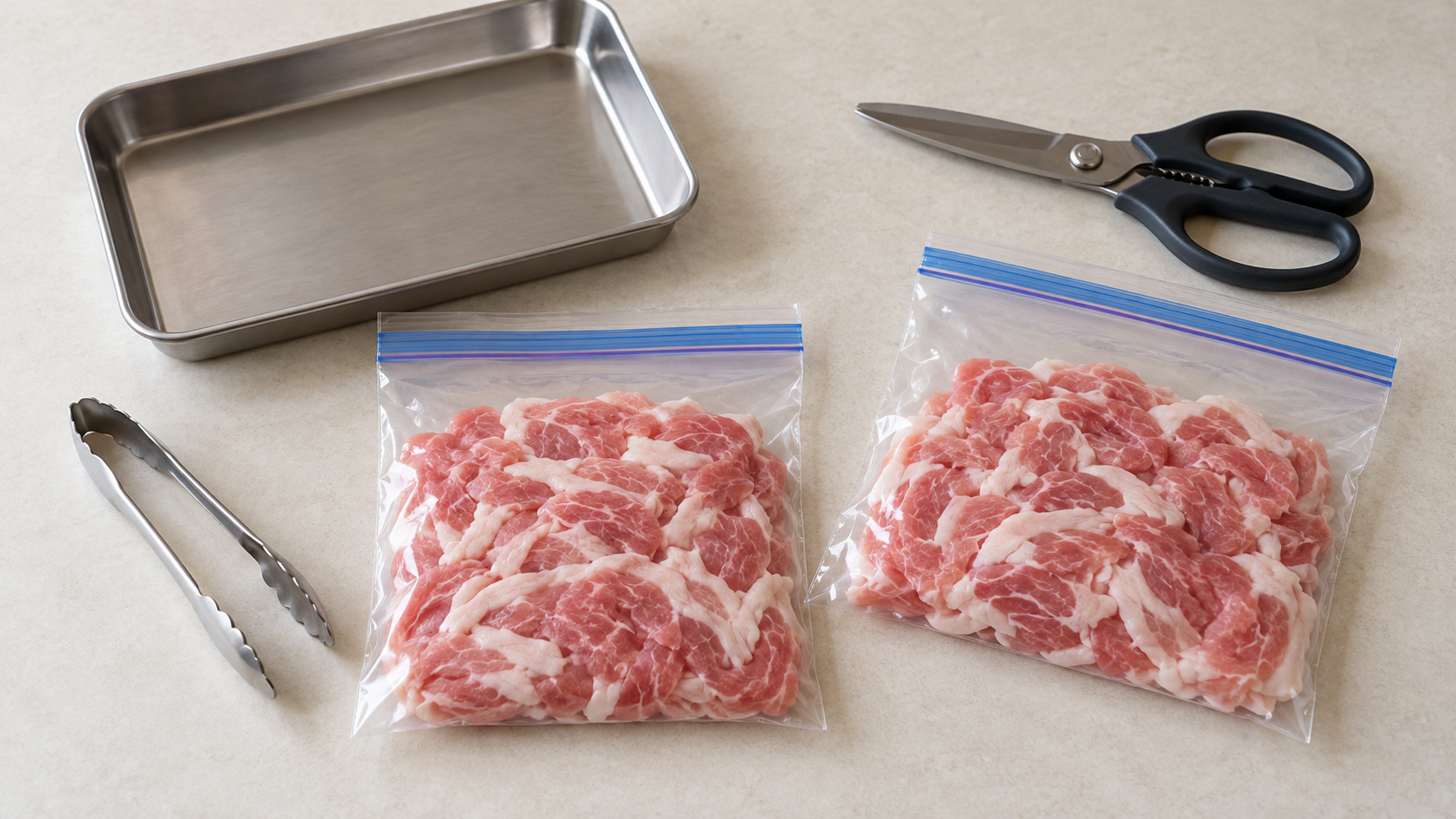 豚こまの下処理に使うトングとキッチンばさみと冷凍用保存袋