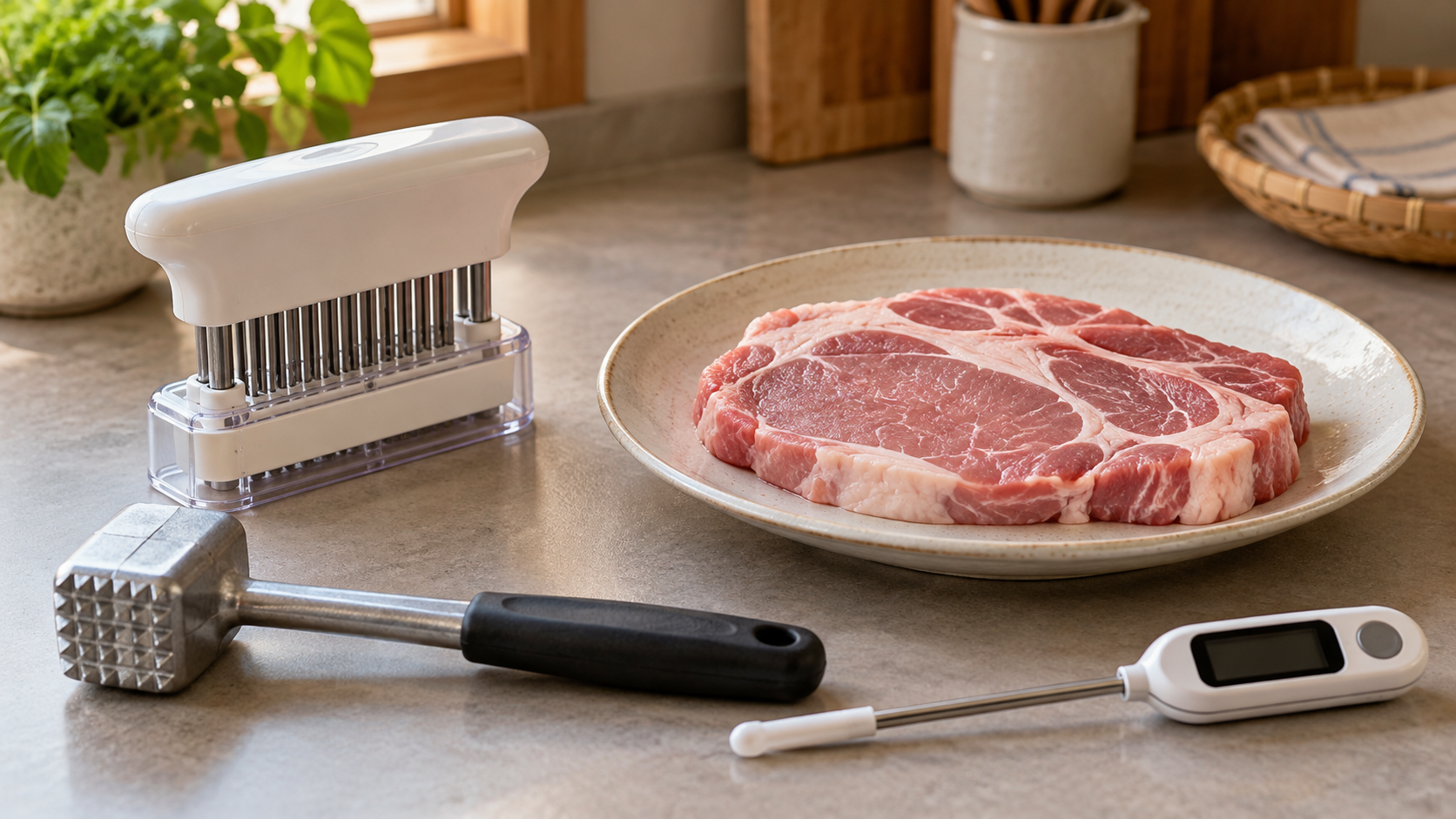 筋切り器、肉たたき、料理用温度計を並べたイメージ