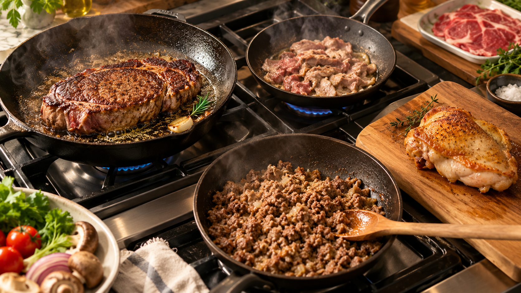 ステーキや薄切り肉など種類に合わせた焼き方