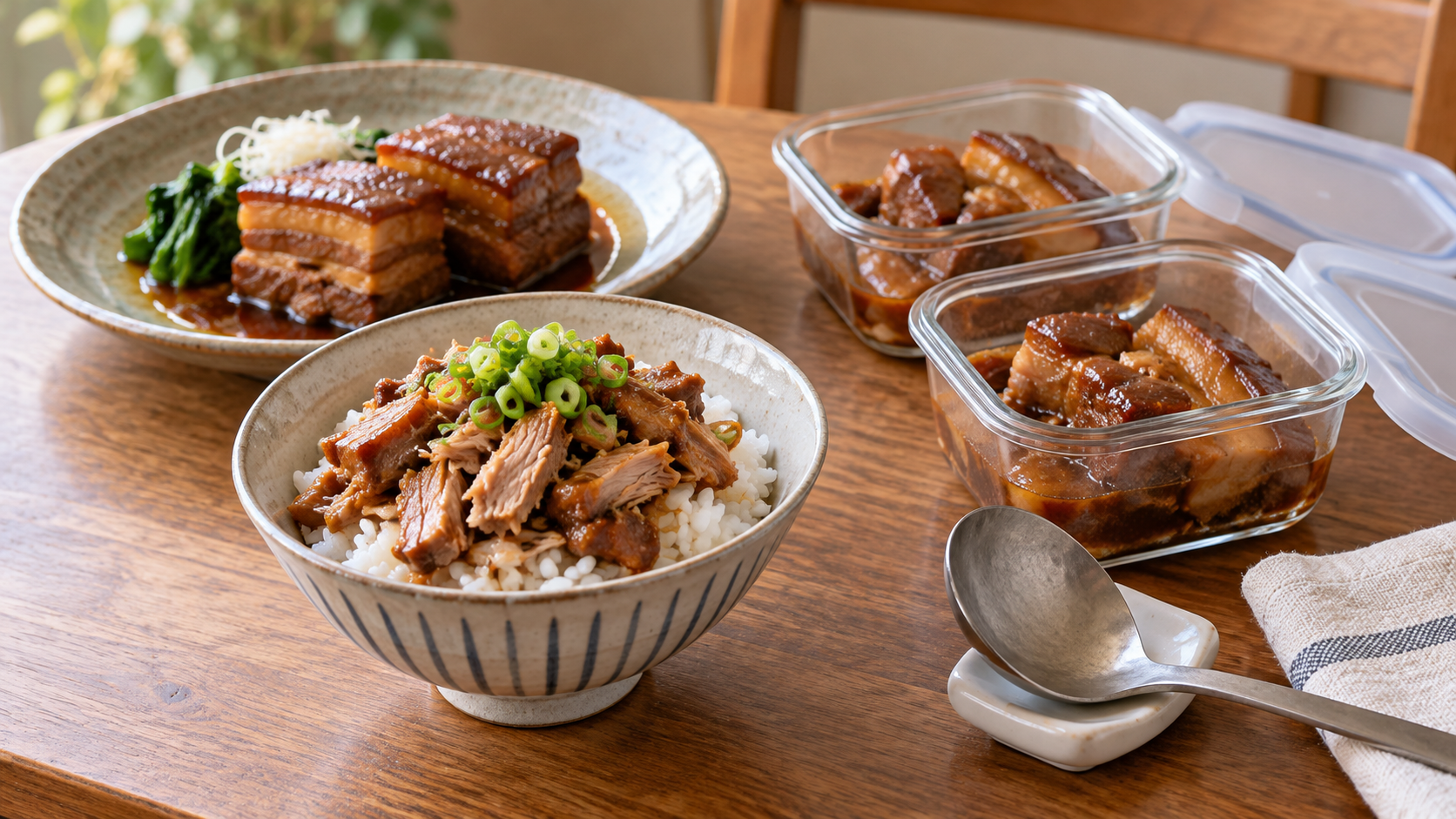 ほぐした角煮の丼と食べる分を分けた保存容器