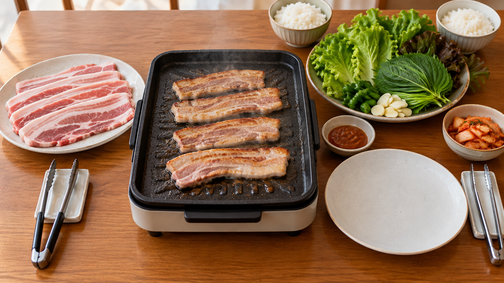 生肉と専用トング、焼けた肉用の皿と道具を分けて準備したサムギョプサルの食卓