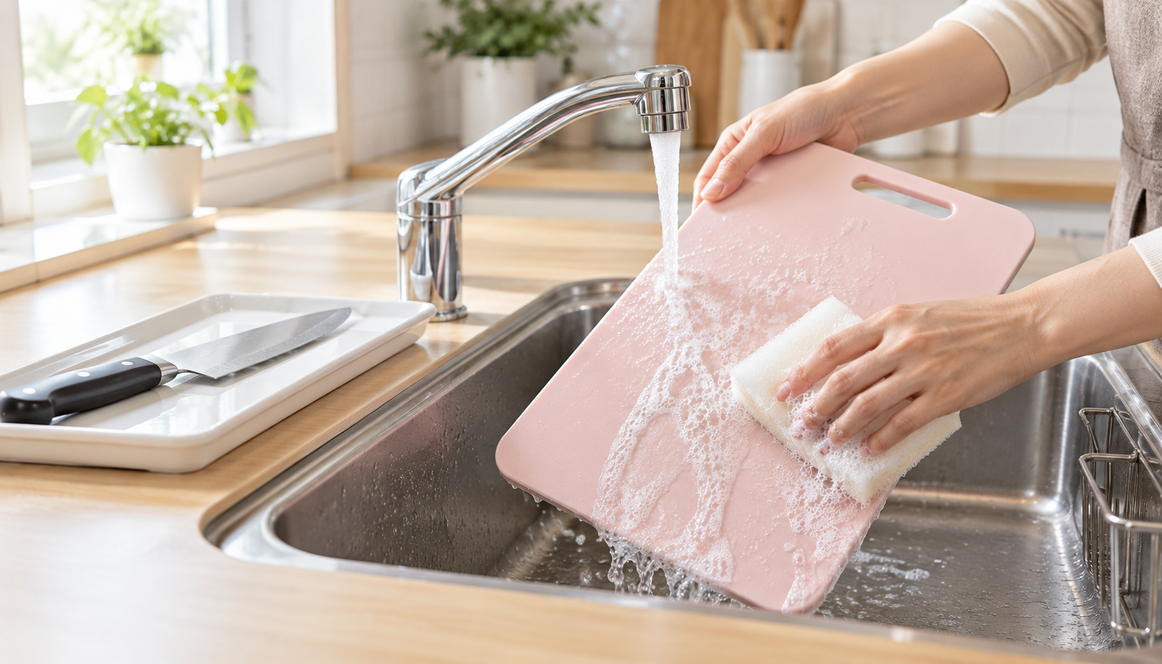 使い終えたまな板を洗剤と流水で洗い、包丁と分けて片付ける場面