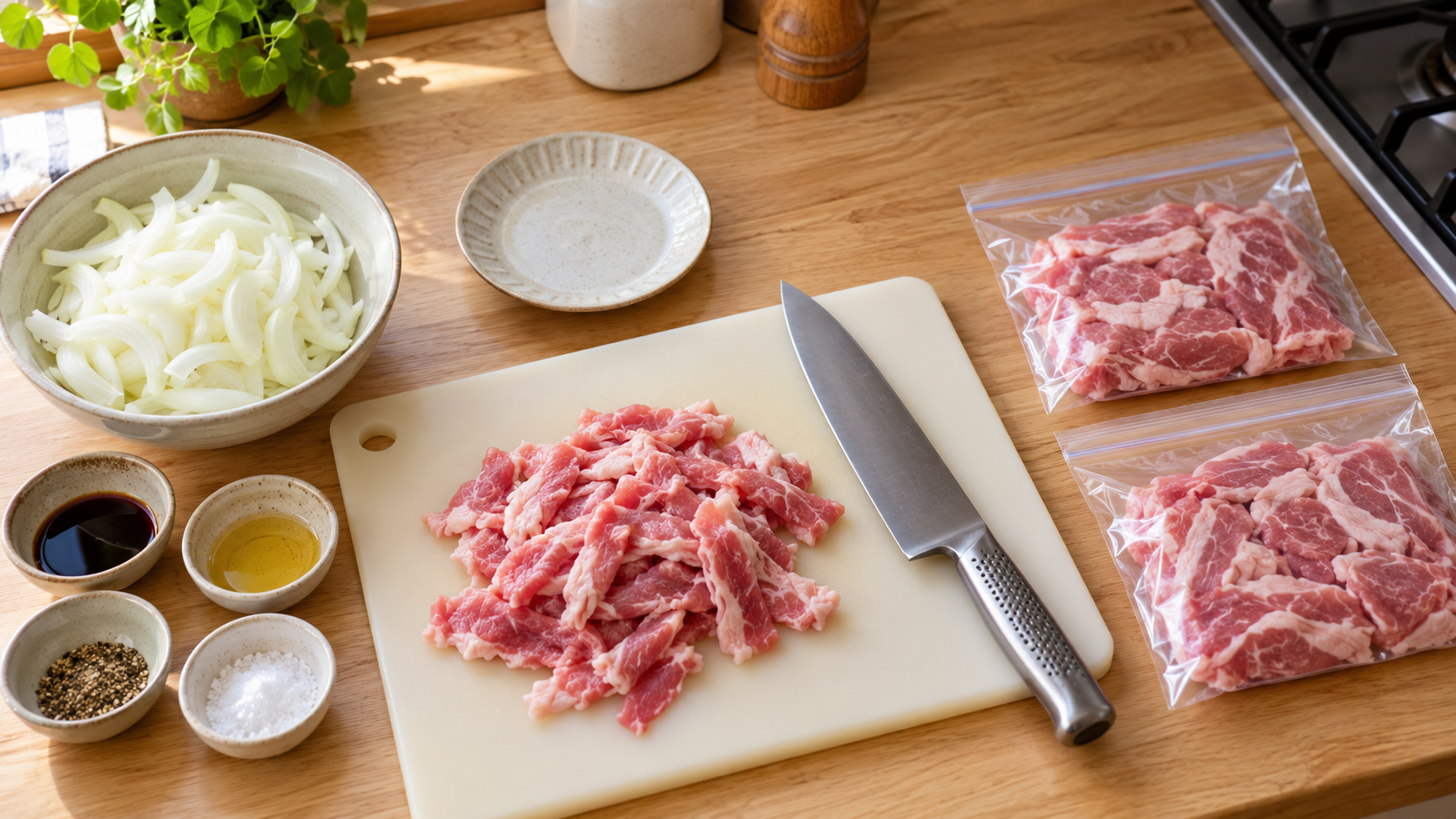 豚丼の材料と切り分けた豚こま肉、保存用の小分け肉を用意した台所