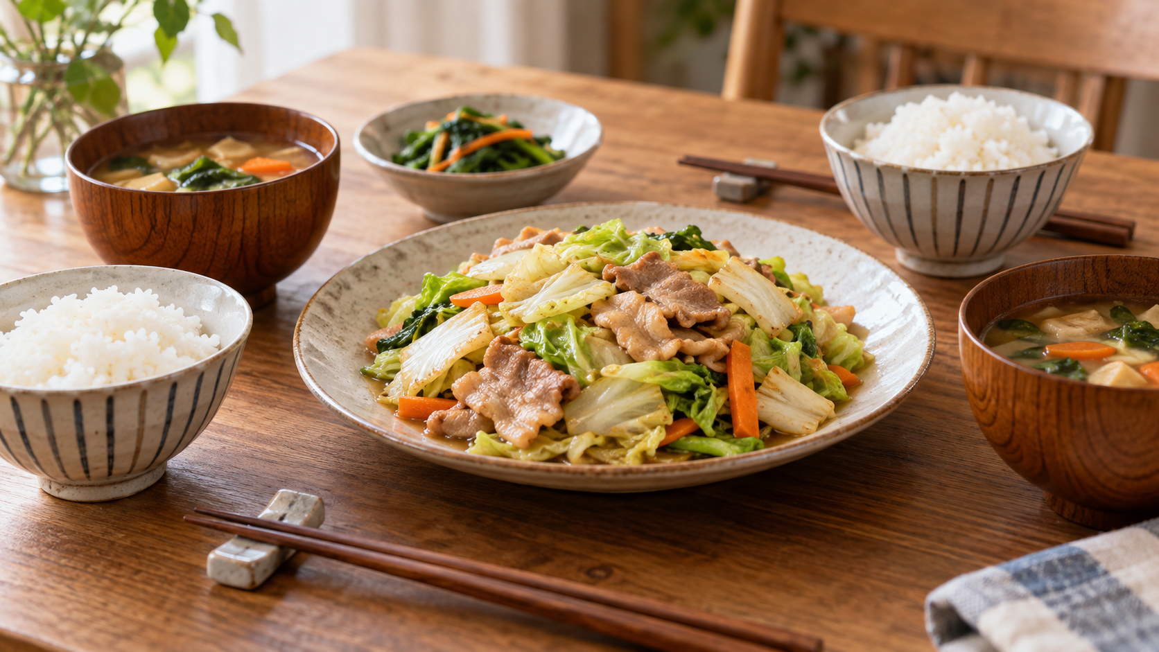 豚バラとキャベツの炒め物をご飯やみそ汁と合わせた食卓